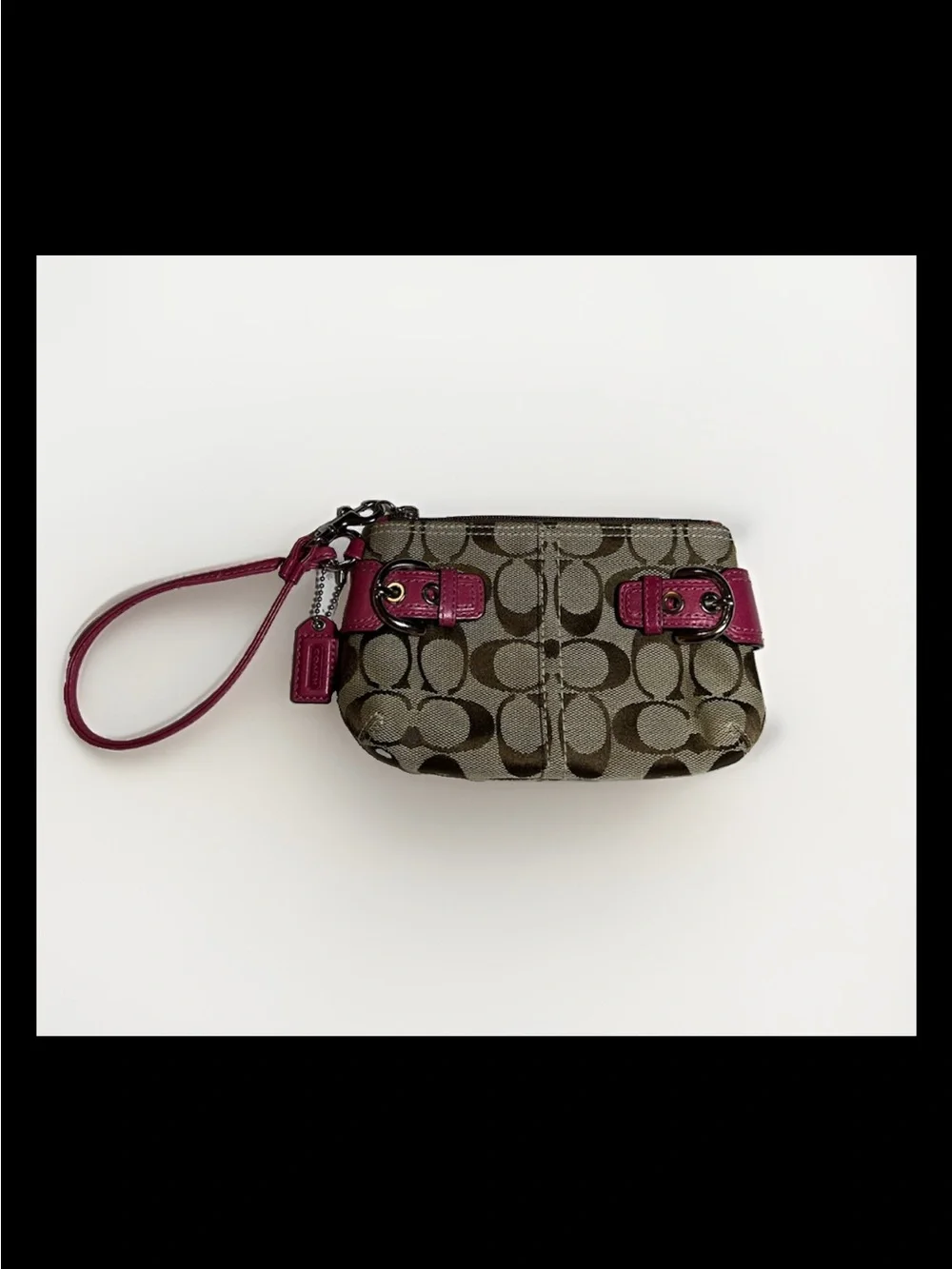 Coach Soho Wristlet Signature Canvas, Hot Pink Leather Trim, Silver Buckles 2004